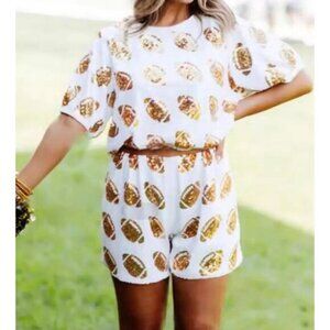 NWOT Game Day Sequin Football Top And Shorts Set Medium White And Gold Sorority